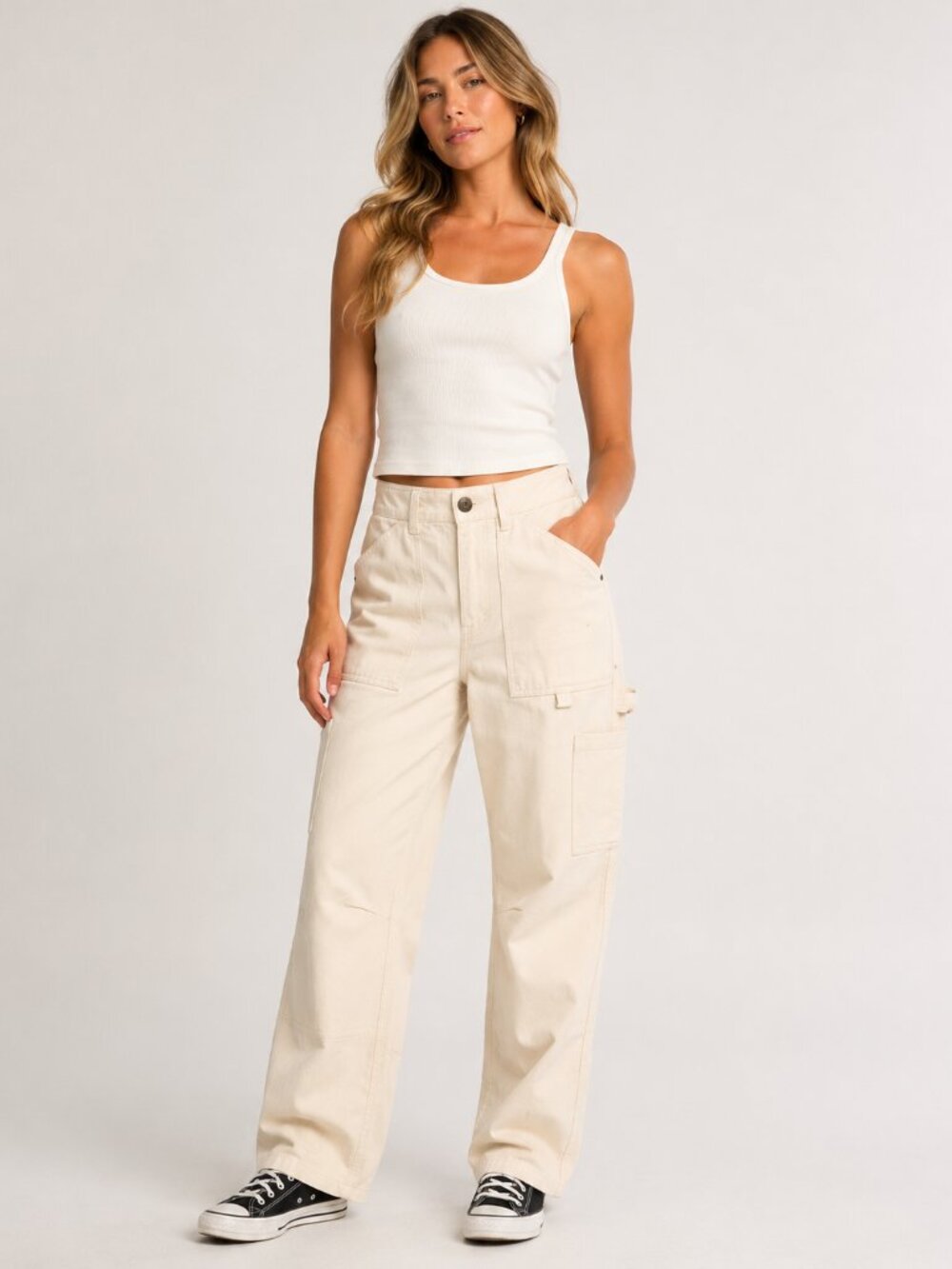 NWT Billabong Ula Pants Women’s Natural Beige Utility Carpenter Cargo Wide Leg